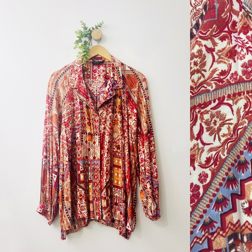 Rachel Zoe 100% Rayon Colorful Aztec Boho Button Front Blouse